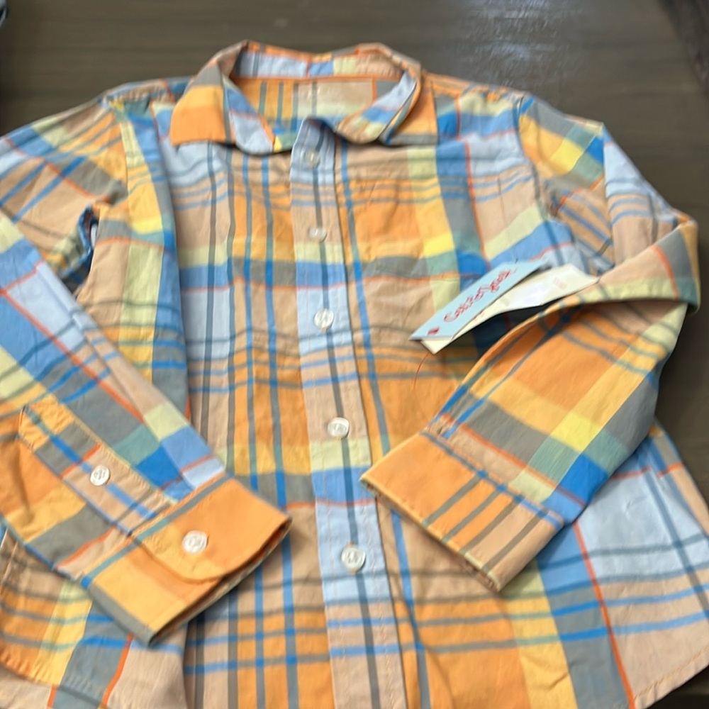 NWT! Cat & Jack blue/orang plaid long sleeve button down  size 6/7 small